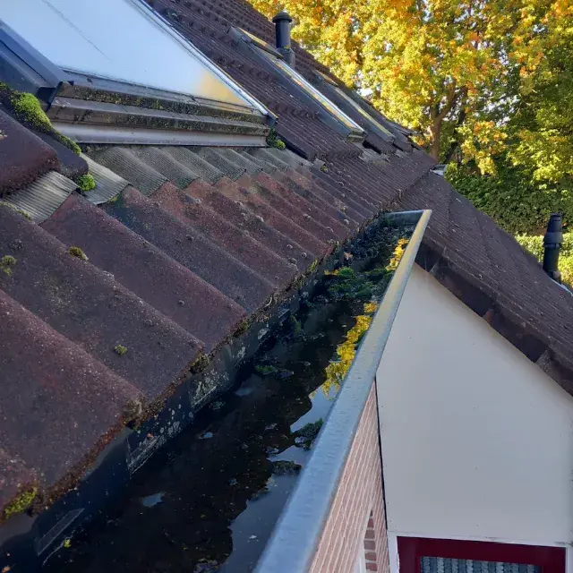 Schoonmaken van een zinken dakgoot bij een woonhuis