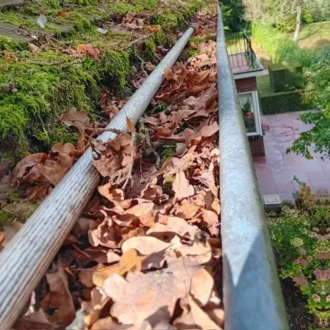 Dakgoot vol herfstbladeren naast een dak met mos, met een reinigingssteel in de goot